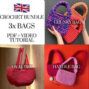 May include: Image features a crochet bundle with three bags in various colors. The bags include a chunky bag, an oval bag, and a handle bag. The text on the image reads "CROCHET BUNDLE 3x BAGS PDF + VIDEO TUTORIAL". The bags are in shades of pink, red, and blue.