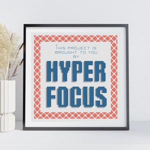 Puede incluir: Una obra de arte en punto de cruz enmarcada con el texto "THIS PROJECT IS BROUGHT TO YOU BY HYPER FOCUS" en azul y blanco. La obra de arte está enmarcada en un marco negro y tiene un borde rojo y blanco. Un jarrón blanco con plantas secas está a la izquierda.