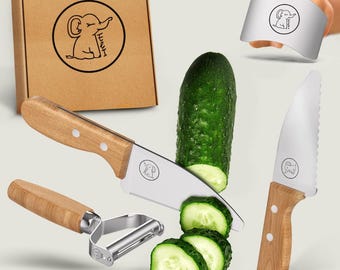 Eli® Kindermesser - kindersicheres 4 teiliges Kinder Küchenmesser Set inkl. Fingerschutz - Sparschäler - Schneidemesser - Griffe Buchenholz