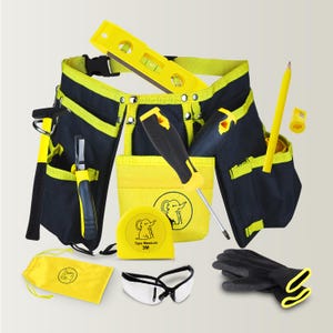 Pode incluir: Um cinto de ferramentas preto e amarelo com vários bolsos, contendo um nível amarelo, uma chave de fenda, um lápis e um martelo. Inclui uma fita métrica amarela de 3m, óculos de segurança, luvas pretas de trabalho e uma bolsa amarela.