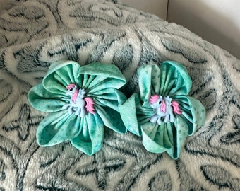 Fabric Flower Hair Bow: Single-Layer Medium Blue Pegasus Pony Hair Snap Clip Set