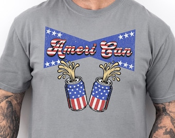 Ameri Can-shirt, 4 juli-shirt, Amerika-shirt, Independence Day T-shirt, patriottisch shirt, shirt met vlag van de VS, grappig 4 juli cadeau-T-shirt