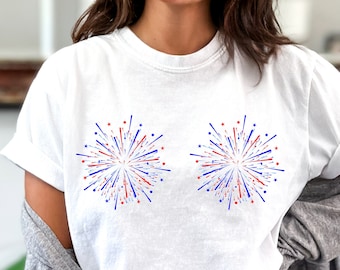 Koszulka z biustonoszem Firework Bra, Koszulka z fajerwerkami dla kobiet, Koszulka USA, Koszulka z okazji imprezy 4 lipca, Zabawna koszulka z okazji 4 lipca, Koszulka w kolorze czerwono-białym i niebieskim