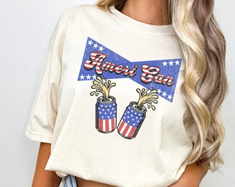 Ameri Can-shirt, 4 juli-shirt, Amerika-shirt, Independence Day T-shirt, patriottisch shirt, shirt met vlag van de VS, grappig 4 juli cadeau-T-shirt