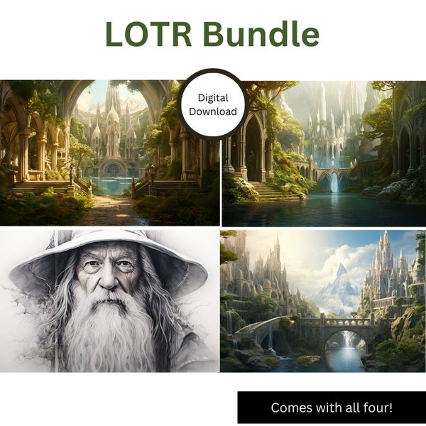 LOTR Architecture PNGs, SVG Bundle, Gandalf The Gray, Mystical Castle, Rivendell, Mug Maker, Poster for Home, Green and Blue, Middle Earth