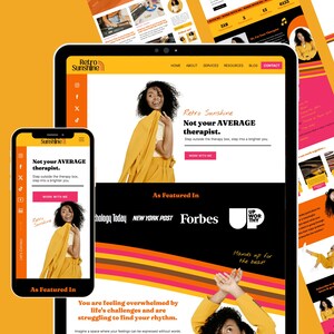 May include: A digital marketing image featuring a website design on a tablet and smartphone, with additional marketing materials. The website promotes "Retro Sunshine," a therapist, with the tagline "Not your AVERAGE therapist." The color scheme is orange and pink.