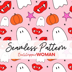 Peachy Pink Ghost and Vampire Lips Halloween Seamless Digital Pattern