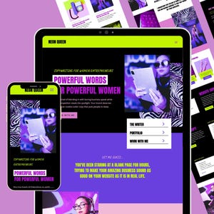 May include: A digital marketing website design with a neon color scheme. The website's text reads "Neon Queen" and "Powerful Words for Powerful Women." The design includes a tablet and smartphone displaying the website, with additional website pages in the background.