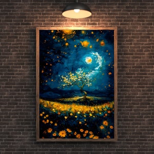 Noche estrellada sobre flores doradas / Arte de paisaje de fantasía / Escena de naturaleza iluminada por la luna / Póster imprimible digital / Decoración de pared de ensueño