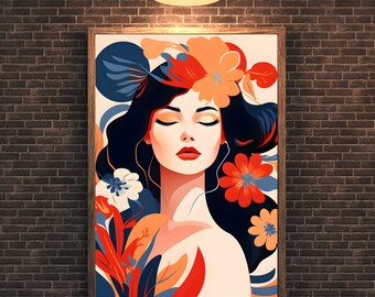 Modern Female Portrait Art: Large Abstract Floral Painting (Digital Download)