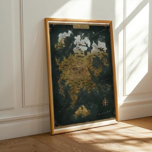 May include: A framed map of Telluria, depicting a fantasy world with continents, seas, and a compass rose. The map is in a wooden frame and rests against a white wall. The map's colour scheme includes green, brown, and blue hues.