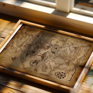 May include: A framed map with a vintage aesthetic. The map, in shades of brown, features detailed illustrations of landmasses, mountains, and sea creatures. The frame is made of light-coloured wood. The map is titled "Undying Lands".