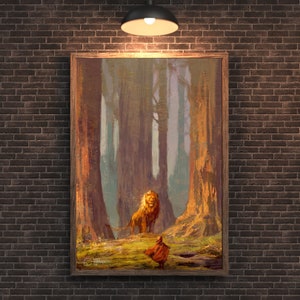 Majestätischer Löwe im Zauberwald, Narnia-inspirierte Fantasy Kunst, mystische Wildnis-Szene, digital druckbares Poster, Chroniken von Narnia