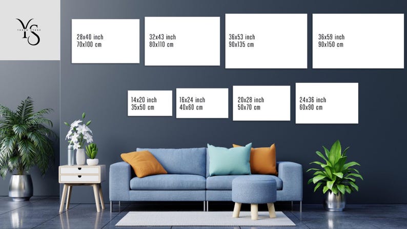 May include: A contemporary living room setting featuring a blue sofa, cushions in orange and teal, and a small footstool. Above the sofa, there are several rectangular white canvases with size dimensions in inches and cm, including a 28x40 inch (70x100 cm) canvas.