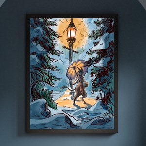 May include: A watercolour illustration of a creature with a goat-like head and a human body holding an umbrella and walking through a snowy forest. The creature is wearing a red and brown outfit and is walking towards a lit street lamp.