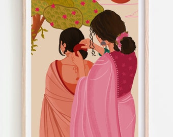 May include: Two women in traditional Indian clothing stand in front of a colorful background. The woman in the pink sari is helping the woman in the orange sari fix her hair.