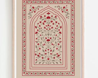 Estampado floral mogol, pintura india vintage, arte mural para sala de estar (descarga digital)