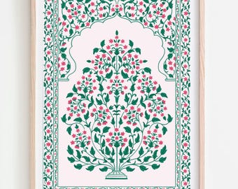 Impresión floral mogol: arte mural de pintura india vintage (descarga digital)