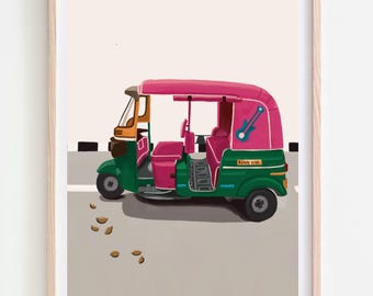 May include: A framed print of a colorful auto-rickshaw, or tuk-tuk, in shades of green, pink, and orange. The vehicle is parked on a gray surface with a light beige background. The artwork has a whimsical, illustrative style.