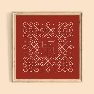 Könnte beinhalten: Quadratisch gerahmtes Kunstwerk mit einem geometrischen Design in Off-White auf rotem Hintergrund. Das Design beinhaltet ein zentrales Swastika-Symbol und komplizierte Muster aus Linien und Punkten. Der Rahmen ist hellbraun.