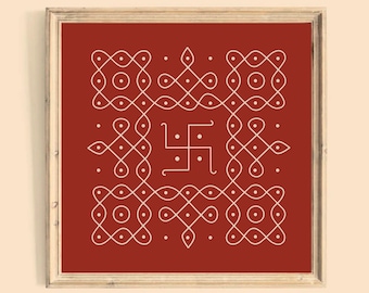Kolam Design Utskrivbar Konst, Sydindisk Rangoli, Diwali Dekoration (Digital Nedladdning)