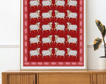 Estampa de vaca Pichwai: arte popular indiana tradicional, decoração floral desi (download digital 16x20 polegadas)
