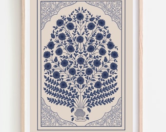 Floral Mughal Print, Blue and White Indian Folk Art (Digital Downloadable)