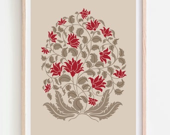 Impresión con estampado floral mogol, arte popular indio vintage (descarga digital)