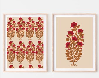 Arte floral indio, juego de dos, patrón mogol, estampado floral, vintage indio, pintura india, arte mural, arte popular indio, descarga digital