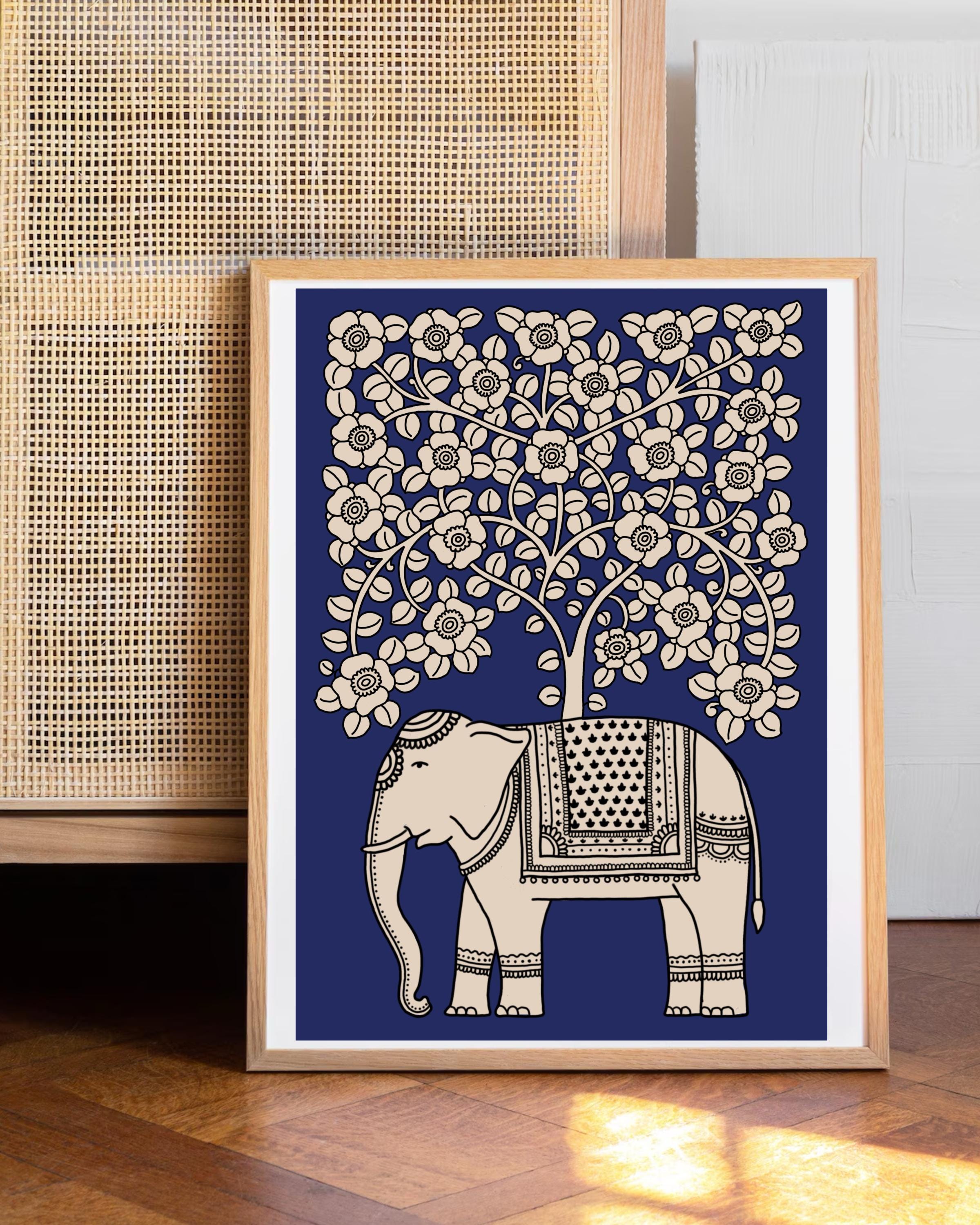 Kalamkari Elephant Art Print: Indian Tree of Life (digital