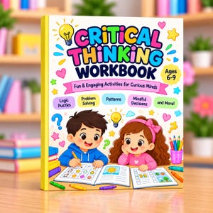May include: A Critical Thinking Workbook for ages 6-9 featuring a colourful cover with a boy and girl working on activity pages. The title is printed in large, bold letters, surrounded by illustrations of light bulbs, hearts, and stars.