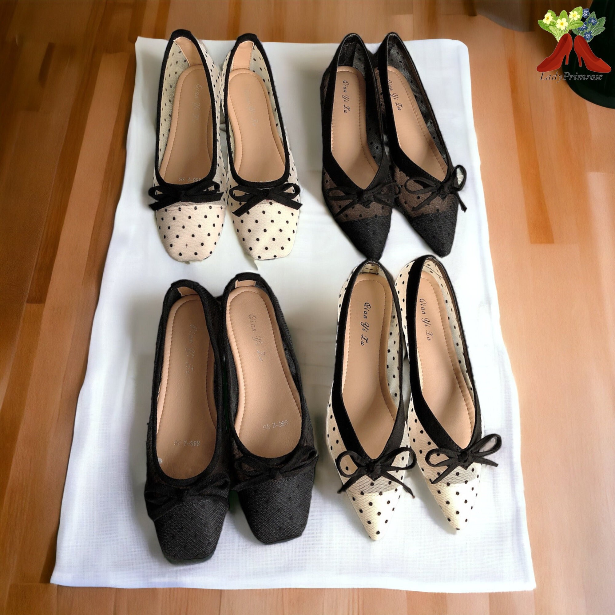 Women Vintage Soft Flat Shoes Mesh Polka Dot Pointed Toe 
