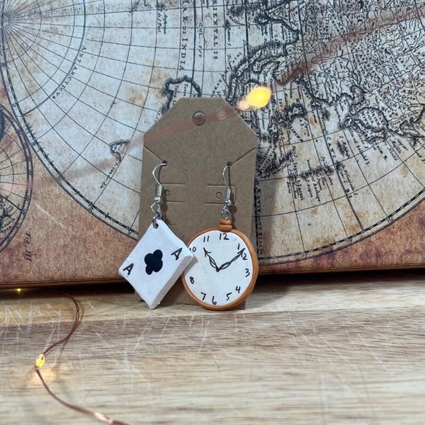 Whimsical Card and Clock Aesthetic Earrings, Polymer Clay