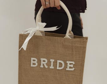 BRIDE Jute-Tasche Natur mit Strass-Aufschrift “BRIDE” für Bräute, Brautparty, Bachelorette, JGA, Junggesellinnenabschied, Geschenk für Braut