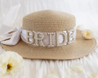 Sonnenhut BRIDE, Perlen besetzter Sonnenhut und Band, Strohhut, Bridal Party, JGA, Braut-Accessoire, Braut