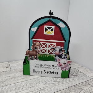 Happy Birthday Farm Animals Cute horse cow pig pop up box card handmade 3D embossed red barn 3 step interactive folds flat envelope