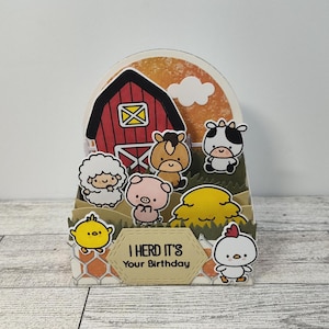cute Farm animals Birthday pop up box card 3D faux stitch hand stamped colored cow horse barn sheep pig chicken &quot; I HERD it&#39;s your Birthday&quot;
