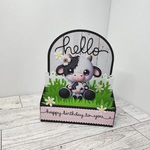 Cow Happy Birthday pop up box card has cute crochet cow and baby handmade flowers farm fence hello 3 step interactive folds flat envelope