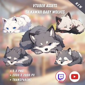 May include: Five cartoon baby wolves in various poses. The wolves are white and gray with blue eyes. The image is set against a blurred background with the text "VTUBER ASSETS 5X KAWAII BABY WOLVES" and "NEW" at the top.