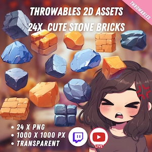 Bundle of Throwable Cute Stone Bricks Assets 24x | Transparent | Kawaii | 2D Digital Assets | Digital Download | Stream Decoration