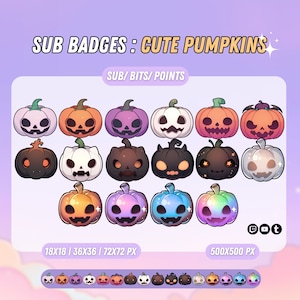 May include: A set of 18 cute pumpkin-themed Twitch sub badges in various colors and styles. The badges are in different sizes, including 18x18, 36x36, and 72x72 pixels. The badges feature pumpkins with different expressions, including smiling, frowning, and surprised. The badges also feature different details, such as stars, hearts, and bats. The badges are perfect for adding a festive touch to your Twitch channel.