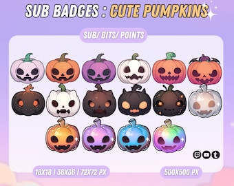 May include: A set of 18 cute pumpkin-themed Twitch sub badges in various colors and styles. The badges are in different sizes, including 18x18, 36x36, and 72x72 pixels. The badges feature pumpkins with different expressions, including smiling, frowning, and surprised. The badges also feature different details, such as stars, hearts, and bats. The badges are perfect for adding a festive touch to your Twitch channel.