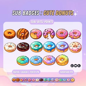 May include: A set of 18 colorful donut-themed Twitch sub badges in various sizes, including 18x18, 36x36, 72x72, and 500x500 pixels. The badges feature different donut designs with sprinkles, chocolate, and other toppings.