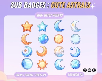 May include: A set of 16 cute astral themed Twitch sub badges featuring stars, moons, and a sun. The badges are in various sizes, including 18x18, 36x36, and 72x72 pixels. The badges are designed in a cartoon style with bright colours and whimsical details.