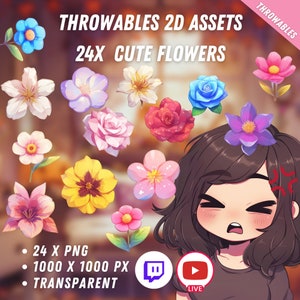 Bundle of Throwable Cute Flowers Assets 24x | Transparent | Kawaii | 2D Digital Assets | Digital Download | Stream Decoration