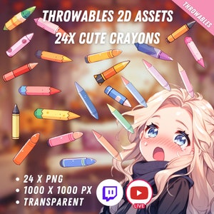 Bundle of Throwable Cute Crayons Assets 24x | Transparent | Kawaii | 2D Digital Assets | Digital Download | Stream Decoration