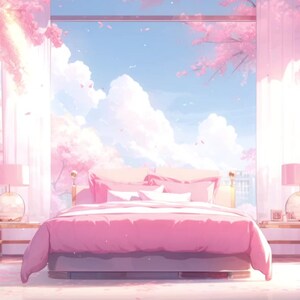 Puede incluir: Una cama rosa con almohadas blancas y una manta rosa en una habitaci&oacute;n con grandes ventanas que dan a un cerezo rosa y un cielo azul con nubes blancas.