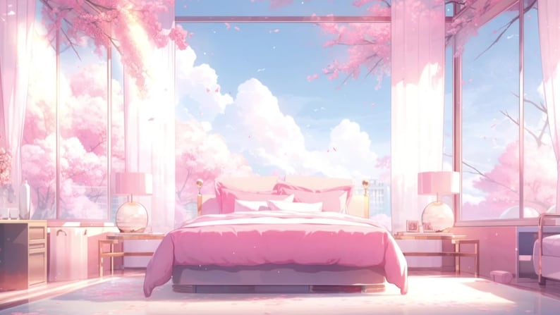 Puede incluir: Una cama rosa con almohadas blancas y una manta rosa en una habitaci&oacute;n con grandes ventanas que dan a un cerezo rosa y un cielo azul con nubes blancas.