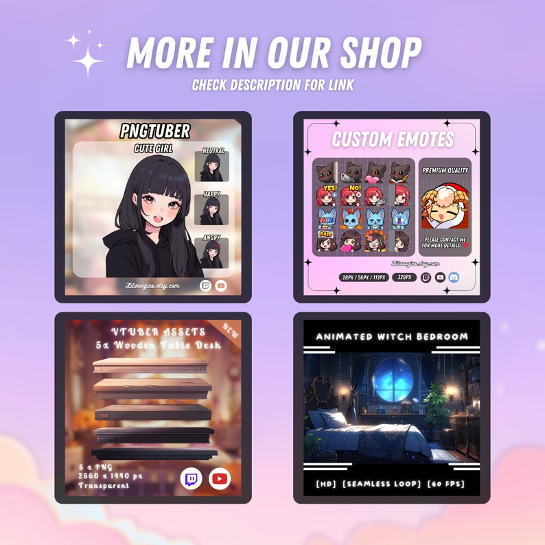 Puede incluir: Una colecci&oacute;n de activos digitales para creadores de contenido, que incluye un avatar de chica linda con diferentes expresiones, emotes personalizados, un conjunto de activos de escritorio de mesa de madera y una escena de dormitorio de bruja animada.