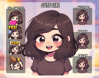 May include: A digital illustration of a cute girl with brown hair and brown eyes. The image is divided into sections, with the main image of the girl in the center and a grid of 16 different emotes on the left side. The emotes show the girl with different expressions, including happy, sad, angry, and surprised. The text "PNGTUBER & EMOTES" is at the top of the image, and the text "CUTE GIRL" is below it. The text "16+ EMOTES" is in the top left corner of the image. The text "Lillwoogies.etsy.com" is at the bottom of the image.
